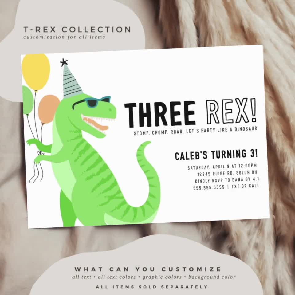 Invitation à personnaliser - Dino T-Rex pour l'anniversaire de