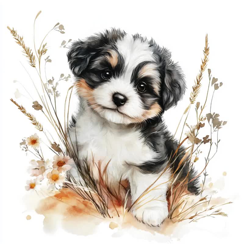 水彩画風の犬と花のクリップアート：花柄の子犬のイラスト（デジタル