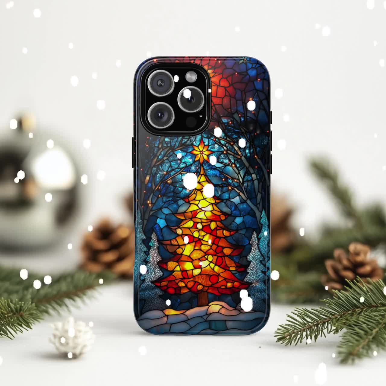 Glowing Christmas Phone Case Christmas Tree Faux Stained Glass Holiday Tree  Case iPhone 16 15 14 13 12 11 Pro Max 8 Plus X Samsung Pixel