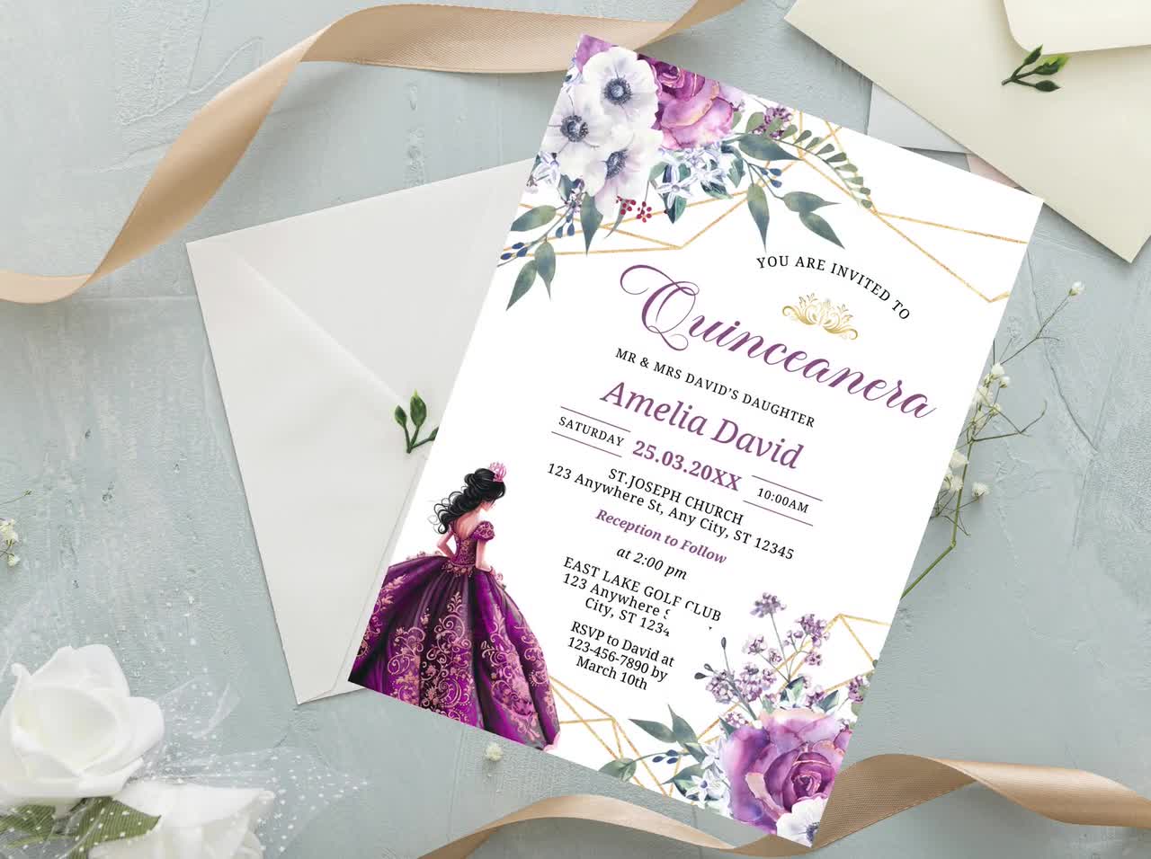Invitación floral de quinceañera de lavanda, plantilla editable de Canva (descarga digital) video poster