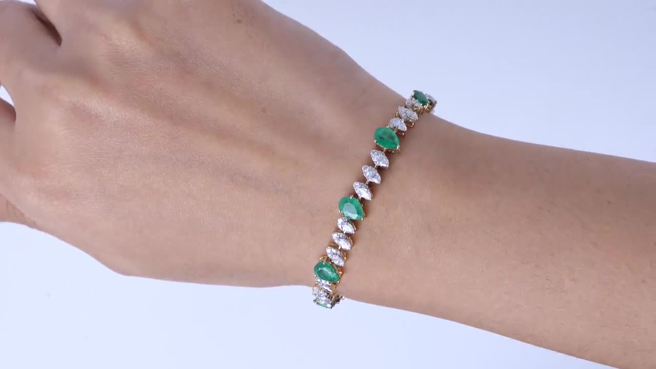 きむて ティアドロップエメラルド天然ダイヤモンドテニスブレスレット：14K