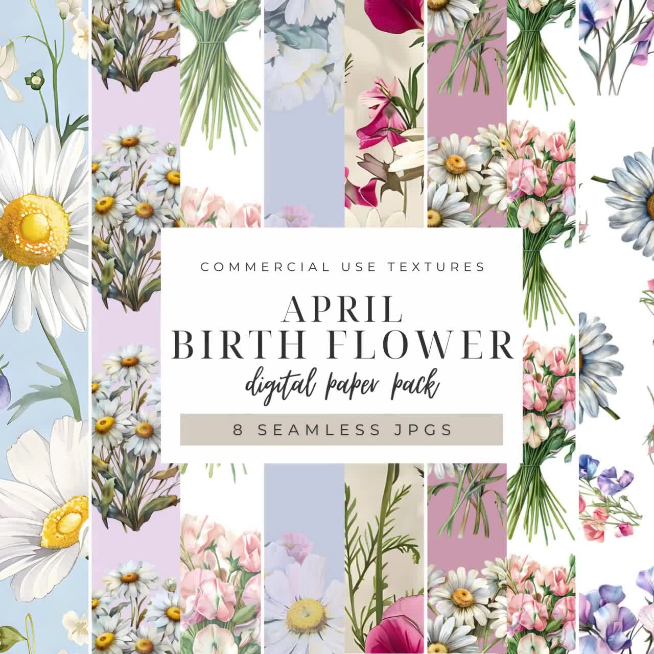 April Birth Flower Digital Paper, Spring Watercolor Daisy Sweet Pea,  Birthing Flowers Printable Pattern Bundle, Journal Page Backgrounds