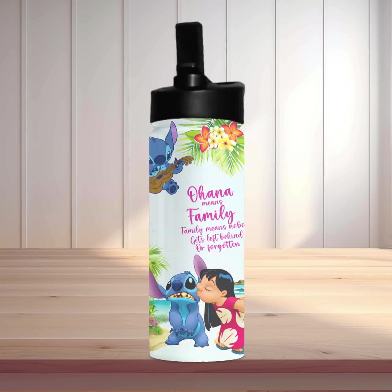 Botella de agua personalizada para niños, vaso hawaiano de Disney, Lilo y Stitch video poster