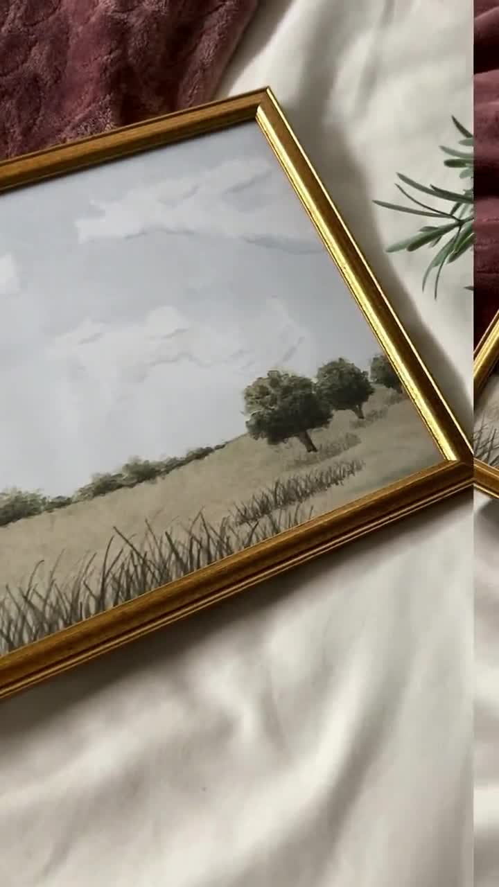 Framed Landscape Original Watercolor Painting: Vintage Gold Frame