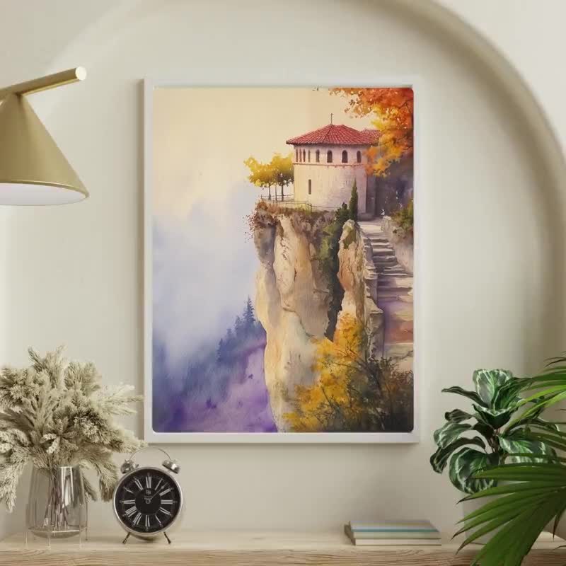 油彩画 メティオラ修道院　山と修道院の風景 インテリア　アンティーク メテオラ修道院の水彩画：崖の上のギリシャの秋の風景 - Etsy 日本