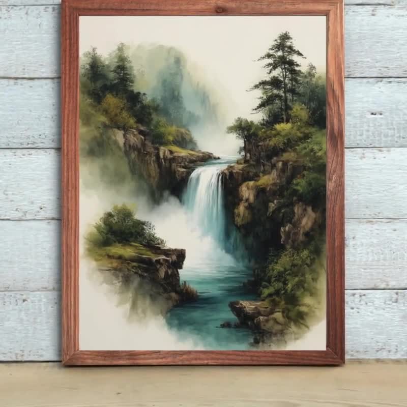 山と滝の版画：中国水墨画風景画 - Etsy 日本