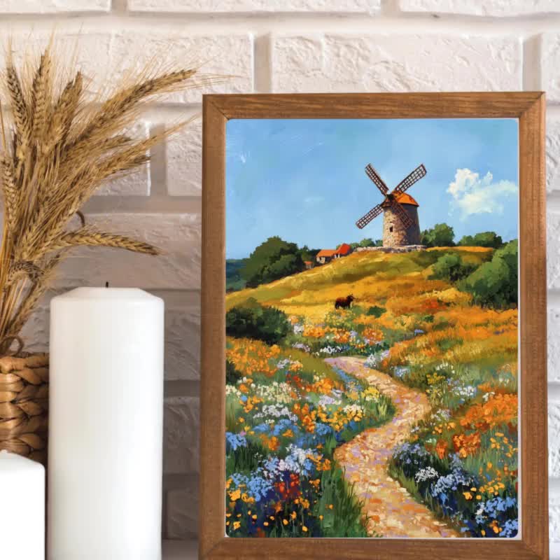 風車と野花の丘の絵画：ジクレー版画による田舎の風景画 - Etsy 日本