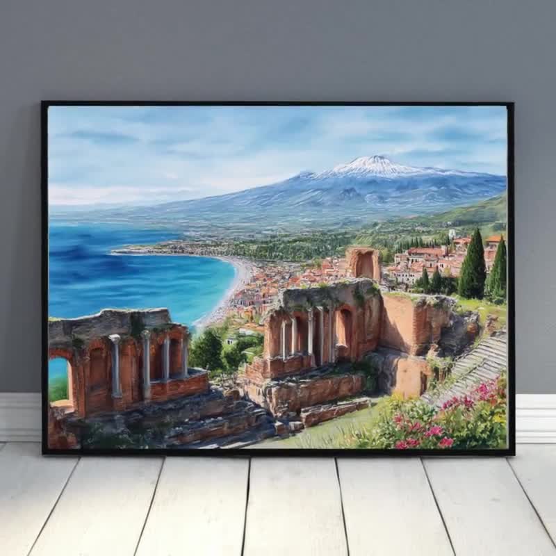 シチリアのアートプリント：タオルミーナとエトナ山の風景、イタリアの
