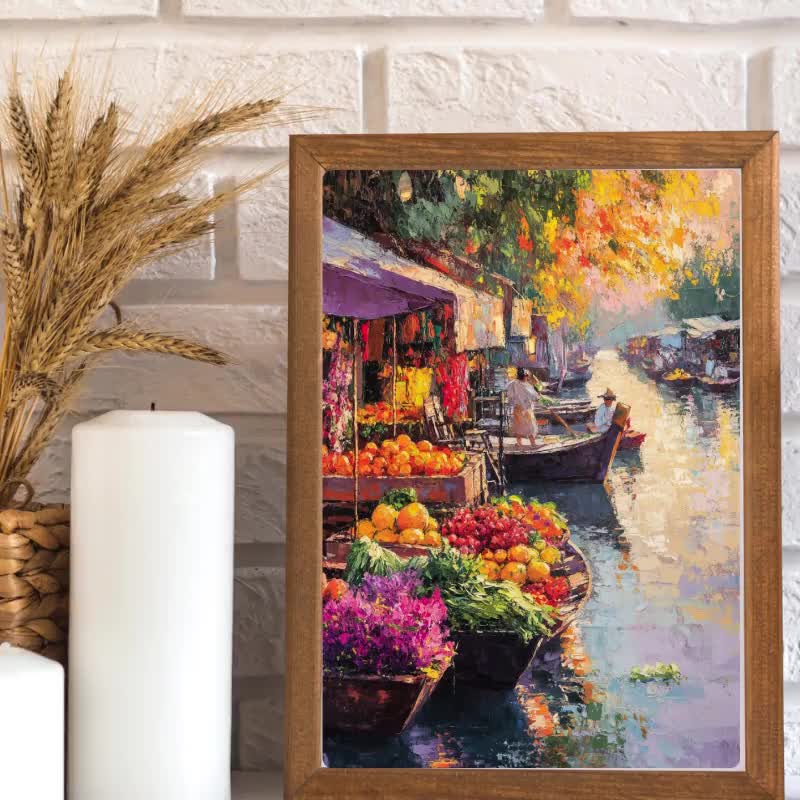 Thailand Floating Market Print: Colorful River Boats, Asian Wall