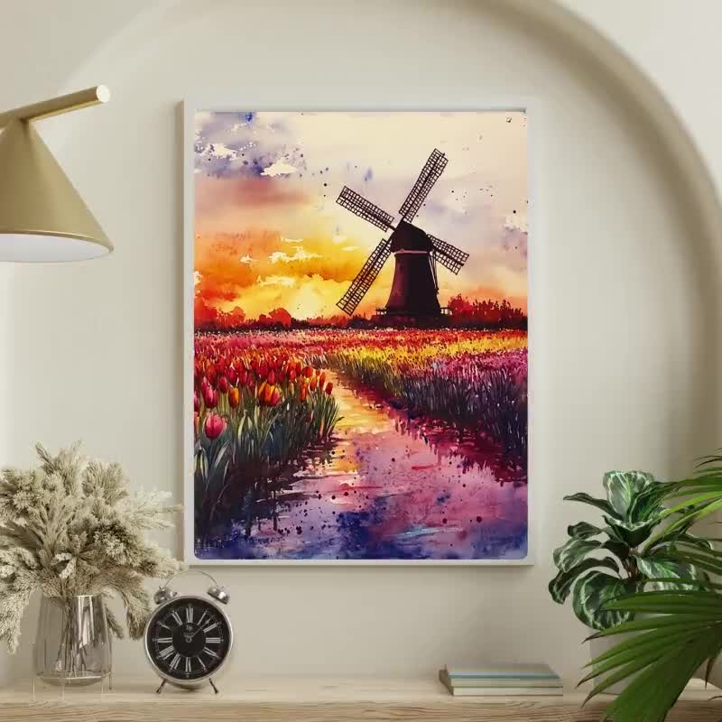 オランダの風車の水彩画：チューリップ畑の夕焼け風景 - Etsy 日本