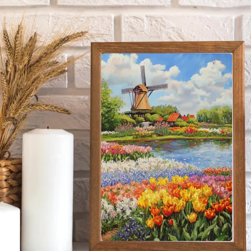 Keukenhof Gardens Art Print: Dutch Windmill & Tulip Field Gouache