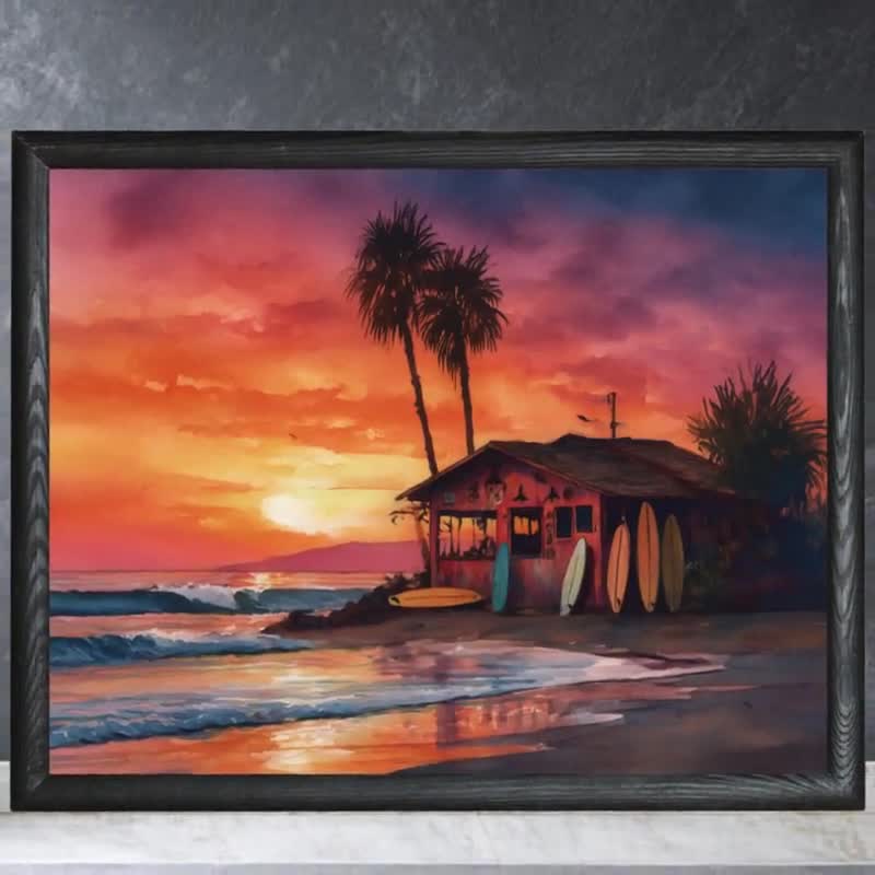 Sunset Beach Surf Shack Art Print – Coastal Palm Tree Wall Decor