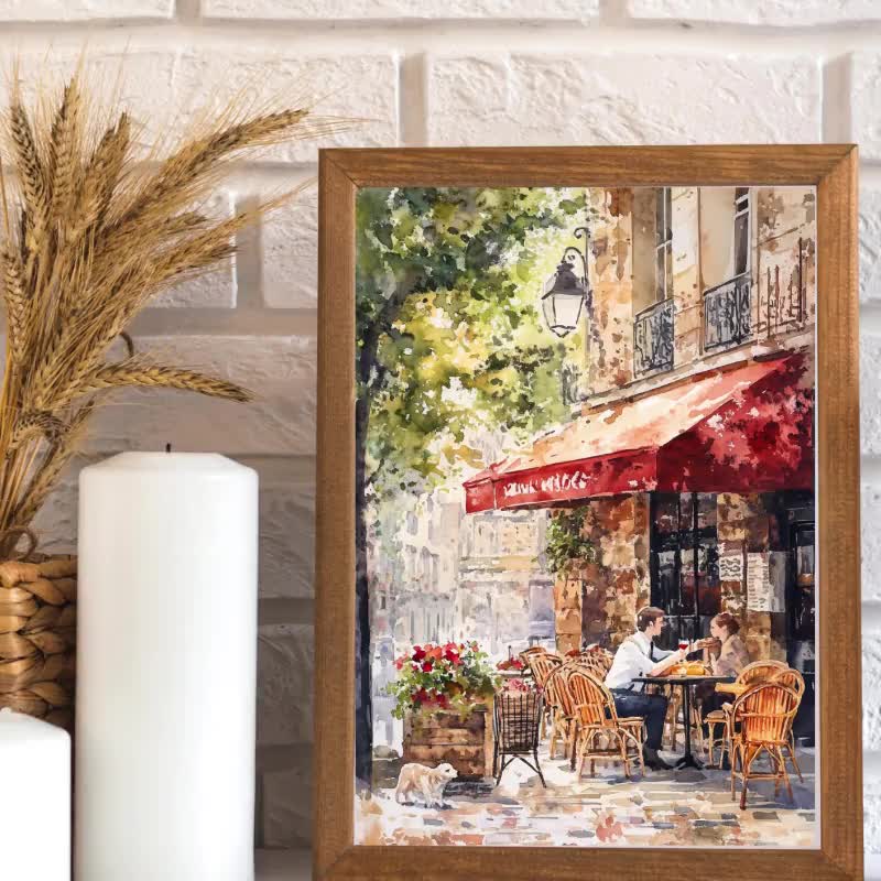 パリのカフェアートプリント：水彩画のビストロ画、赤いオーニングの