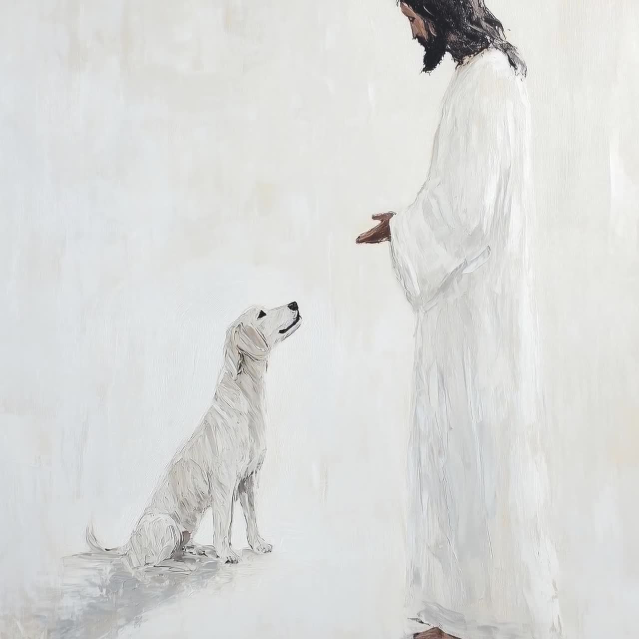 天国へ犬を迎えるイエス、キリスト教美術作品「イエスと犬」、現代