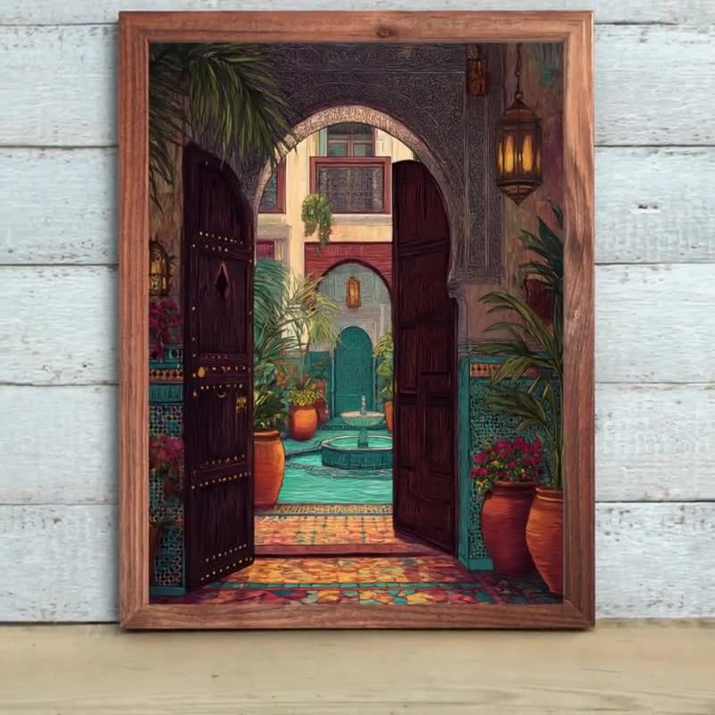 モロッコのリヤドのアートプリント：エキゾチックな北アフリカの中庭の