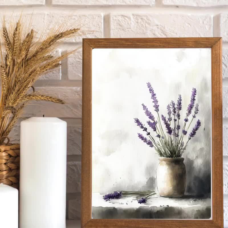 ラベンダーの静物画アートプリント：素朴な花瓶の水彩画 - Etsy 日本