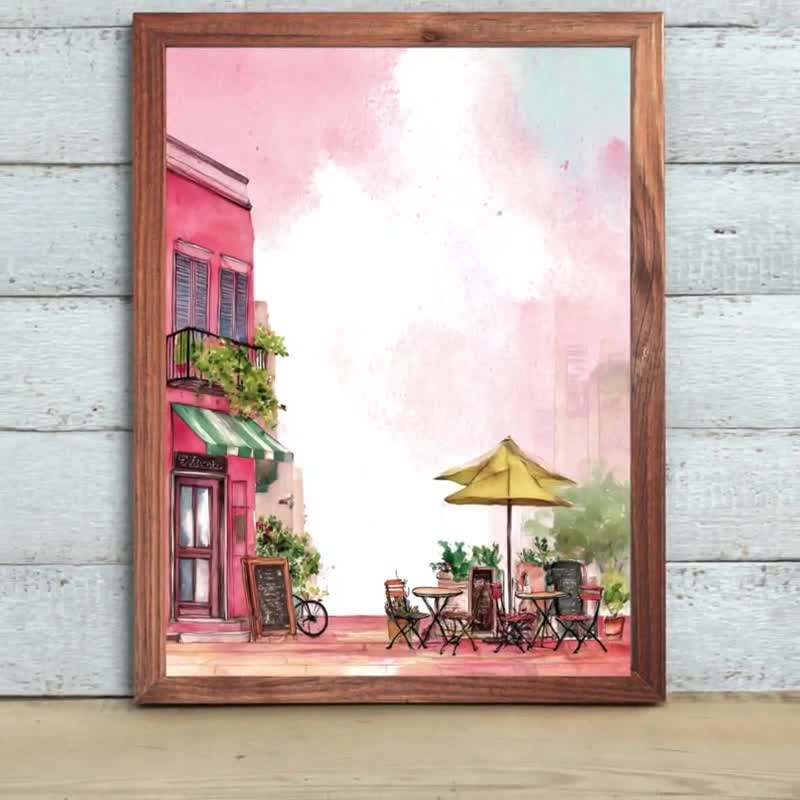 パリのカフェ水彩画：ピンクの建物、ヨーロッパの街並み - Etsy 日本