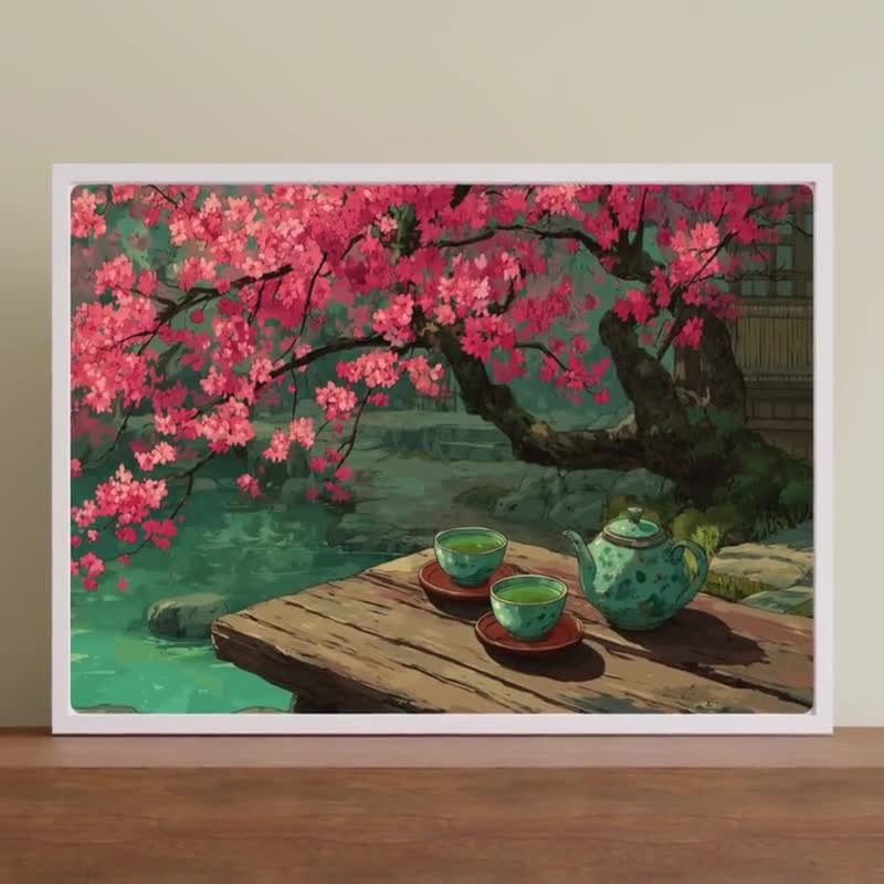 日本庭園の水彩画アートプリント：桜、禅の茶室 - Etsy 日本