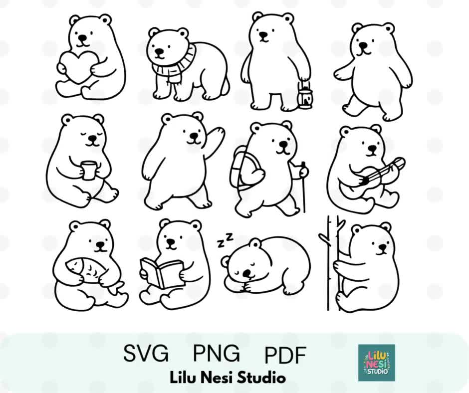 12 クマの落書きクリップアート | 白黒のかわいいクマのイラスト PNG