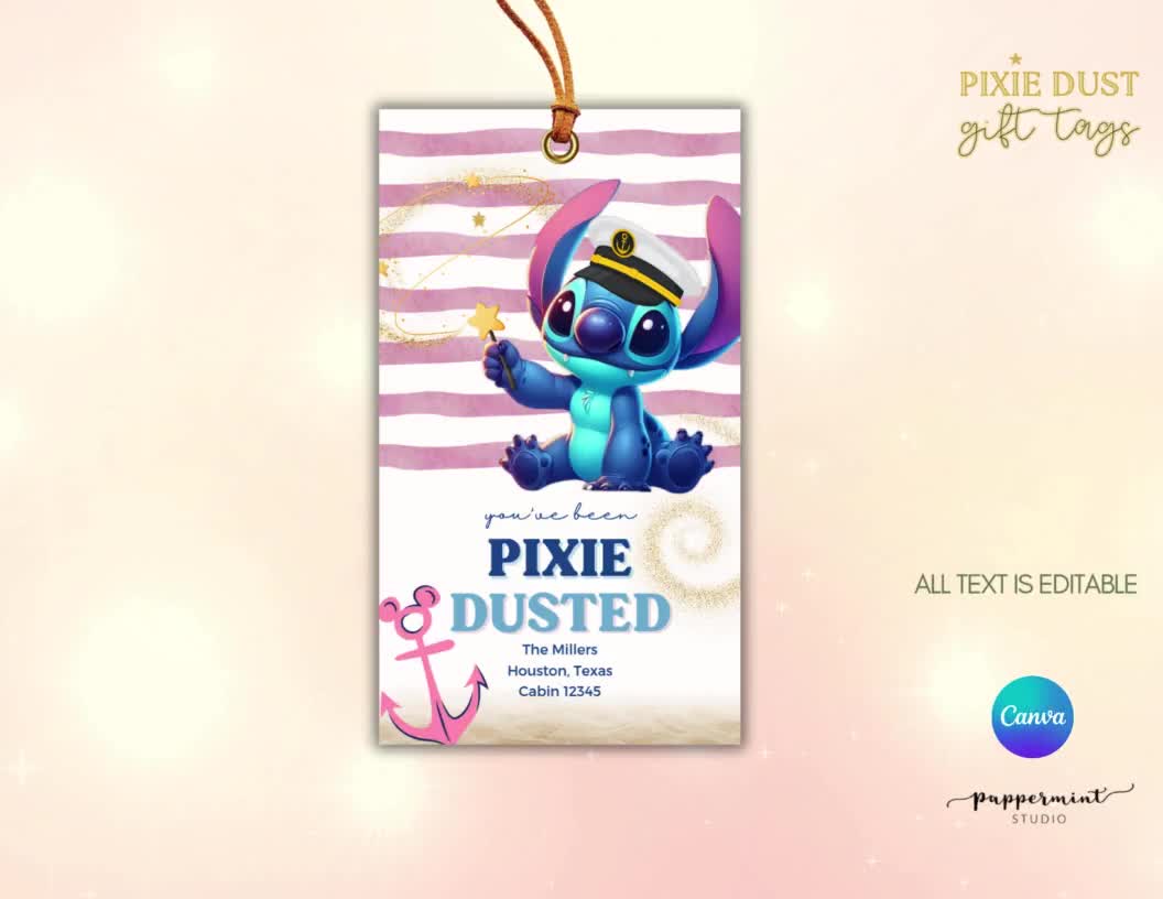 STITCH Disney Cruise Pixie Dust Gift Tags - You've Been Pixie Dusted - Gift tag for cruise, Editable in CANVA and PDF ready to print video poster