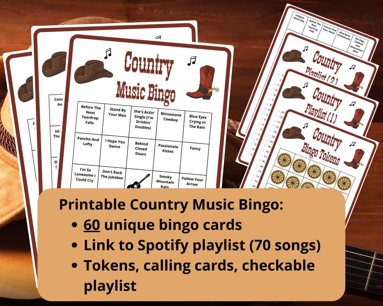 Country Music Bingo - 60 bingo cards - western bingo - musical bingo - Spotify playlist - country songs bingo - honky tonk musical games video poster
