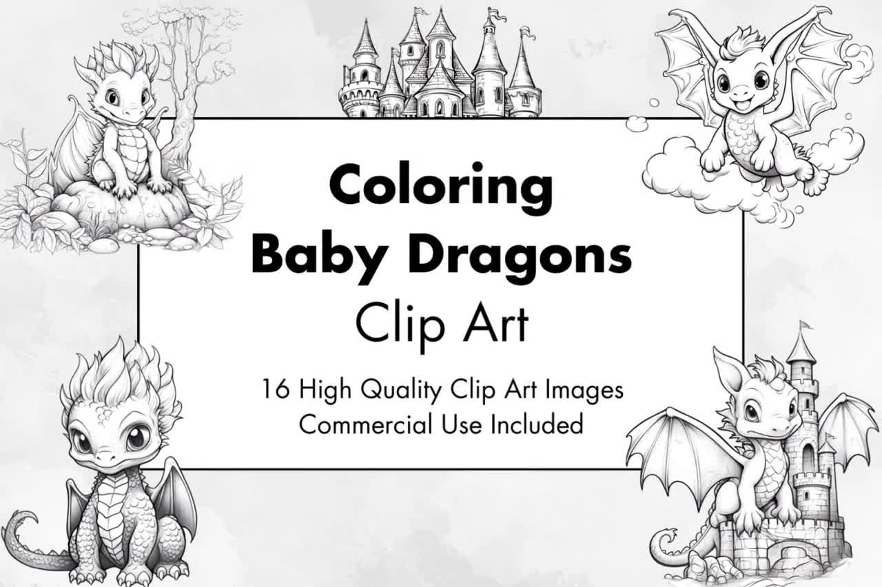 Colorear Baby Dragons Clipart - 16 Alta Calidad - Fondo Blanco y Transparente - Imágenes para colorear - Descarga Digital - Uso Comercial video poster