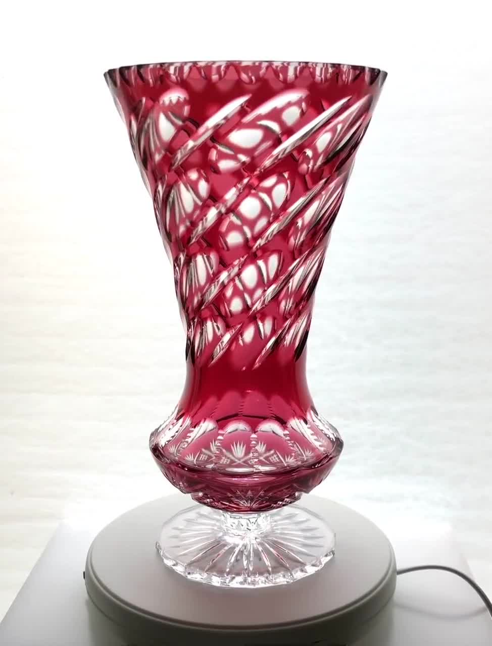 Massive CRANBERRY RED PINK Footed Vase Cut-to-clear Cased 24% Lead