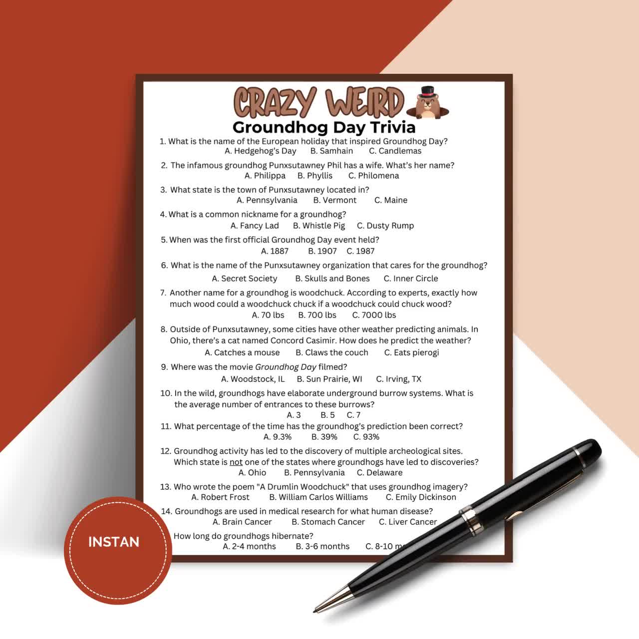 printable crazy weird groundhog day trivia game, pub trivia, icebreaker  games triv02