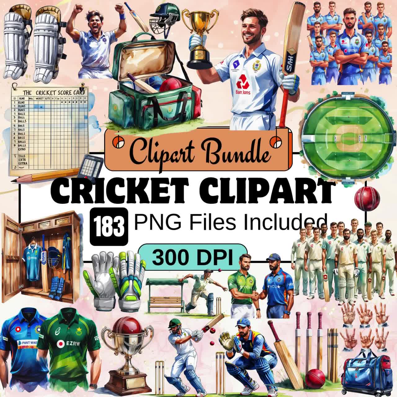 Cricket Clipart,Watercolor Cricket Clipart,Sports PNG Bundle Helmet, Bat,  Glove,Player, Bag, Shoes, Hat, Nets Illustrations,bat and ball png, image size:1280x1280