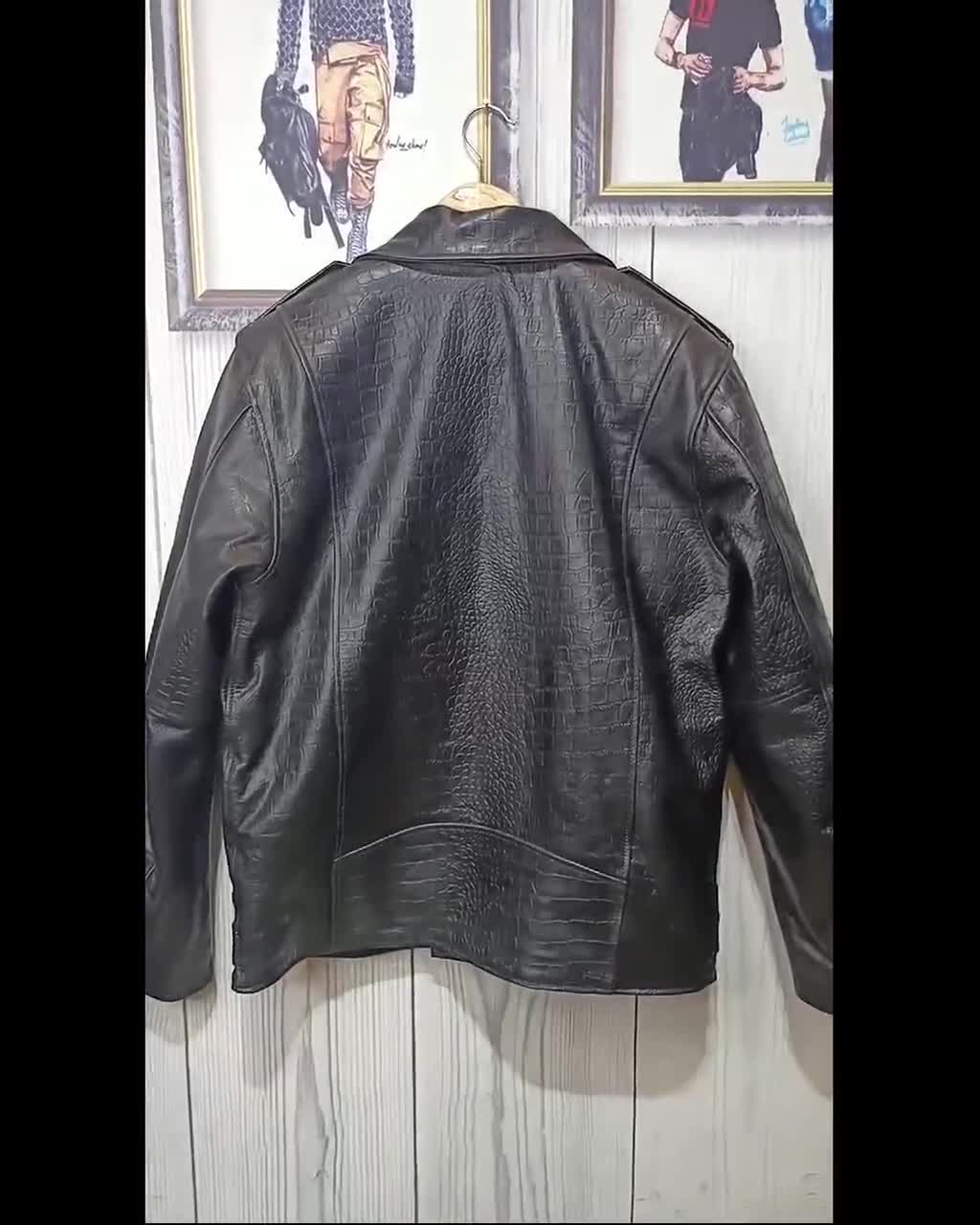 Men's Real Leather Crocodile Embossed Biker Jacket: Black