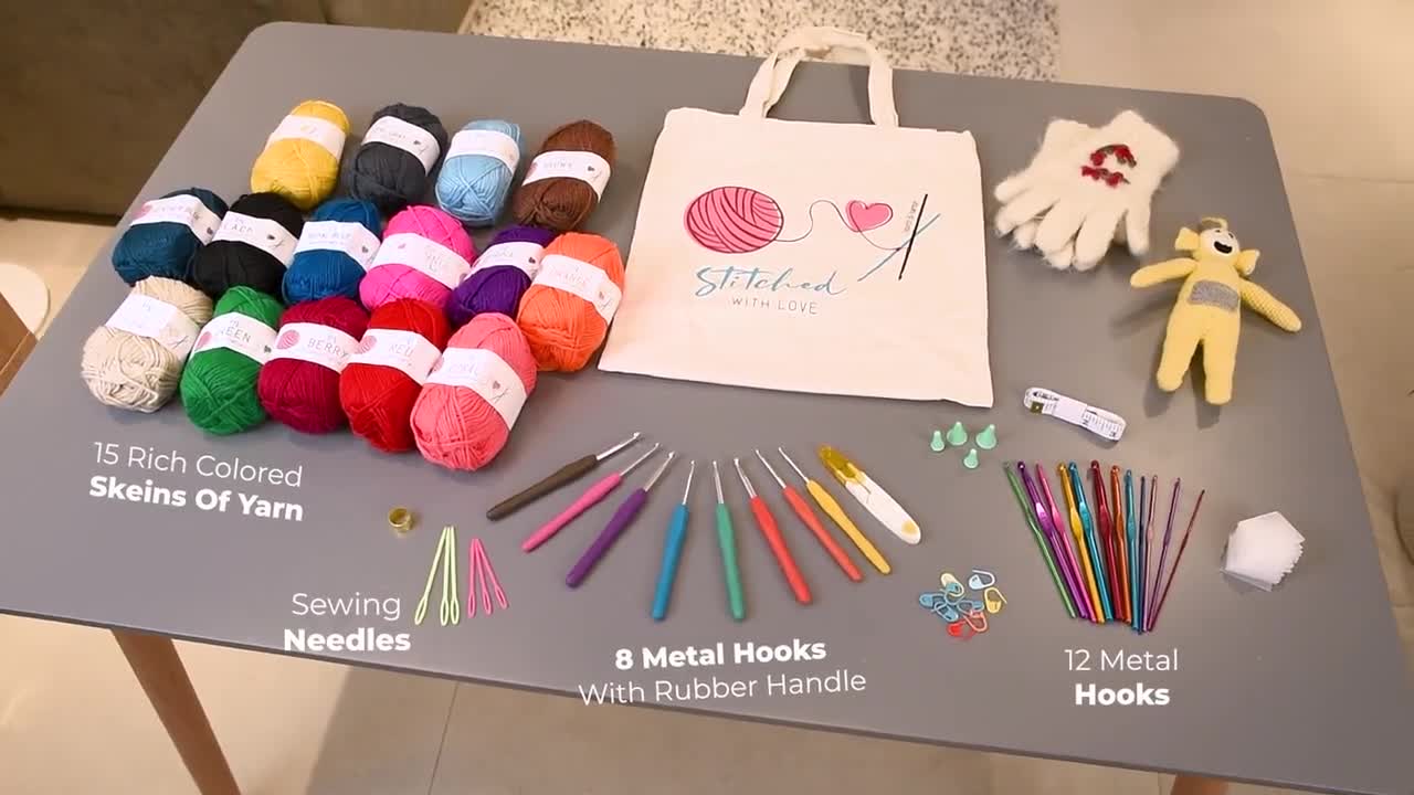 51 Piece Crochet Kit with Yarn Set Premium Bundle Includes 9 Crochet Hooks,  12 Acrylic Crochet Yarn Balls, 6 Needles, Book, Bags and more Beginner and