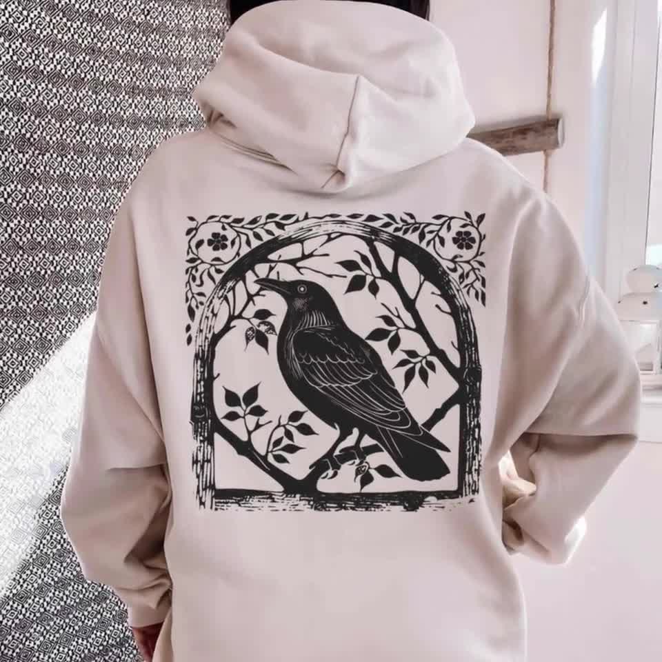 Crow Hoodie Raven Sweatshirt Bird Hoodie Crowcore Linocut Shirt