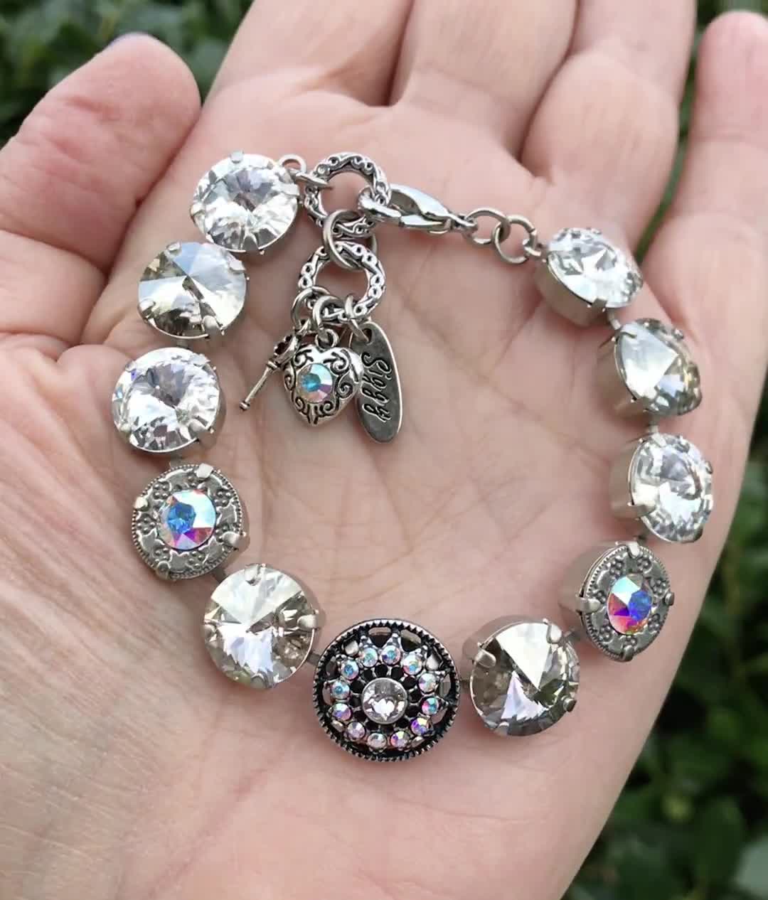 Crystal N Ice Bracelet made with Genuine Austrian 12mm Rivoli Crystals,  Flower Embellished, Clear, AB and Silver Tones, Assorted Finishes