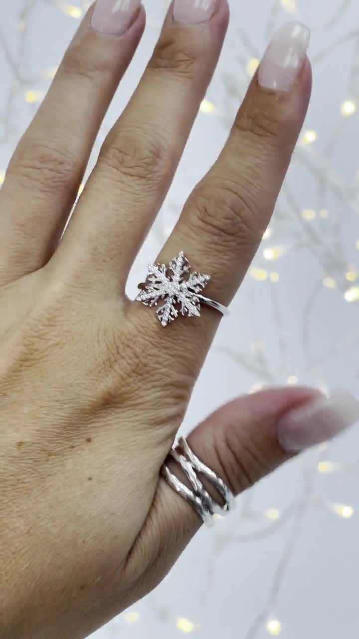 .925 Sterling Silver CZ Snowflake Adjustable Ring