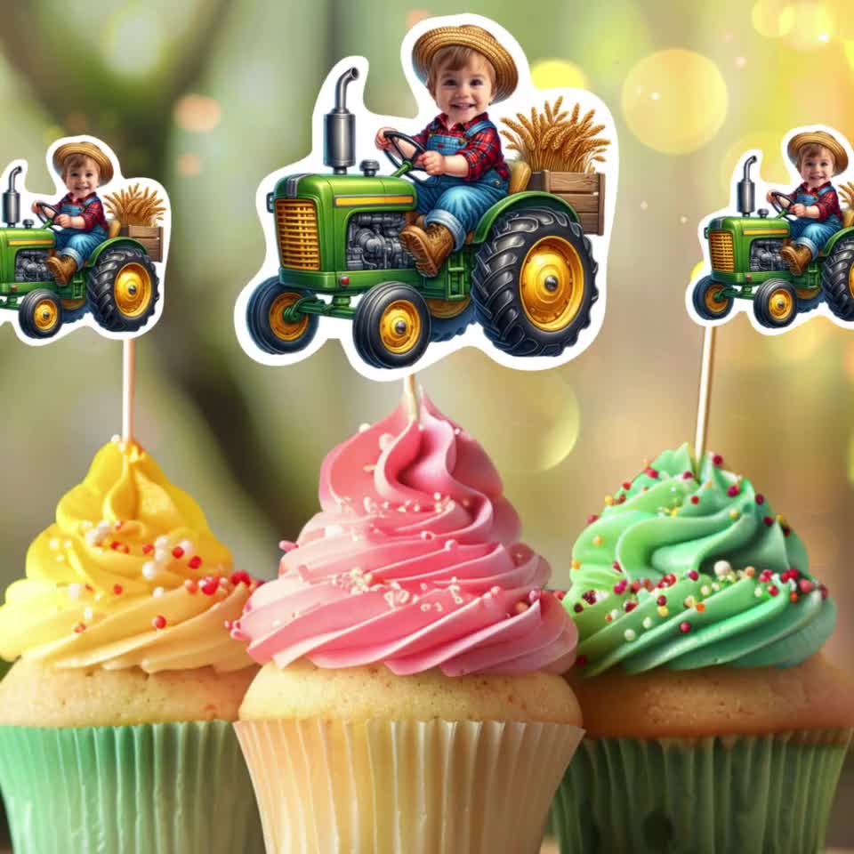 Farmer Baby Boy Personalized Cupcake Toppers, farm cupcake toppers, Custom Face Cupcake Topper,cupcake toppers face video poster