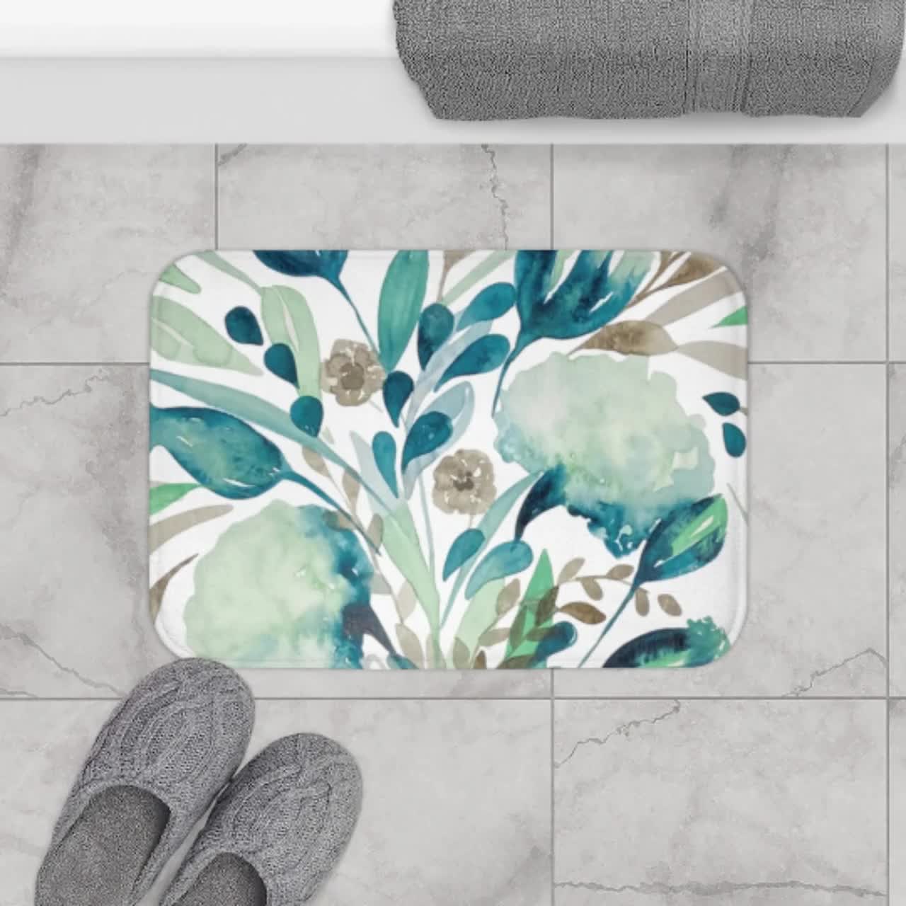 Teal Brown Beige Bath Mat, Floral Bathroom, Aqua Bathroom, Memory