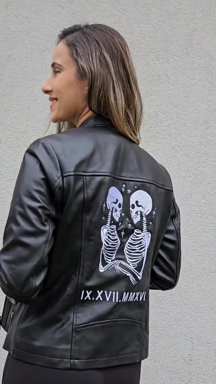 Custom Skeleton Design Leather Jacket, Embroidered Leather Jacket,  Personalized Leather Jackets Gift, Unique Couple Theme, Stylish Outerwear