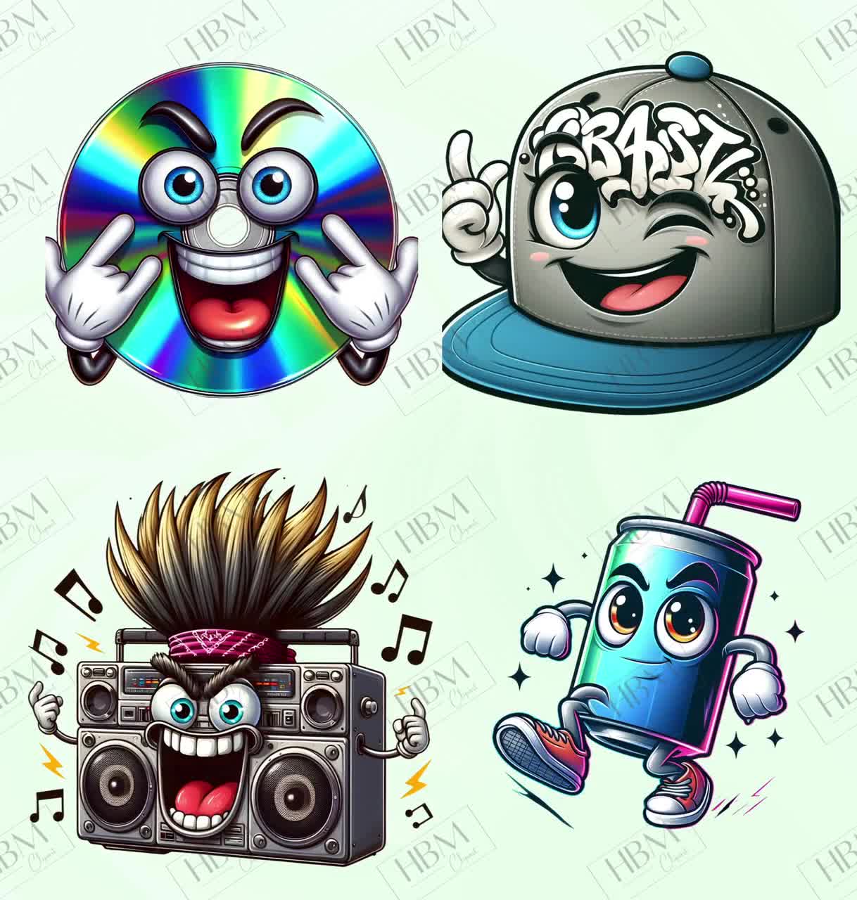 Retro Cartoon Characters Clipart Bundle, Cute 80s Nostalgic PNG
