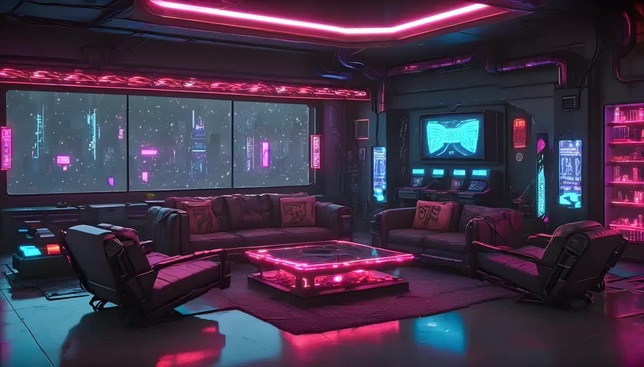 ネオンライトのサイバーパンクなリビングルームの背景：街並みの窓から