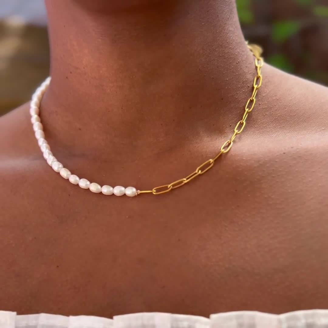 Half Pearl Chain Necklace- Paperclip Chain Choker, Trendy