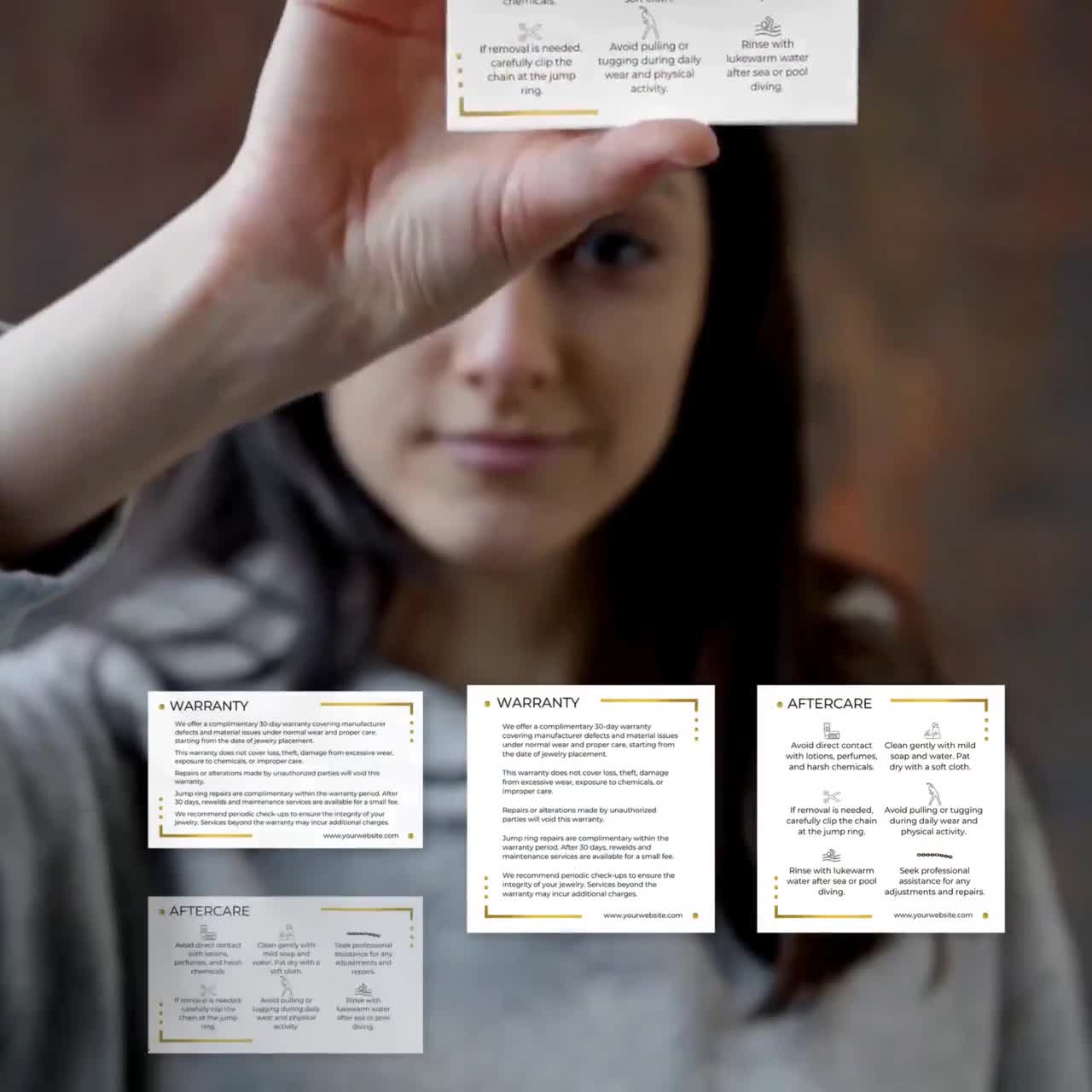 Dauerhafte Schmuckgarantie- und Nachsorgekarten, Schmuckmarken-Kundenhandout, Sofortiger Download Bearbeitbare Canva-Vorlage, Sleek Gold video poster