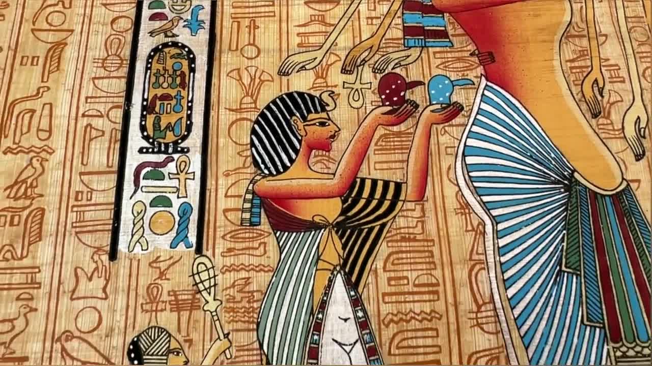 アケナテンとネフェルティティのパピルス画、古代エジプト美術（24x17