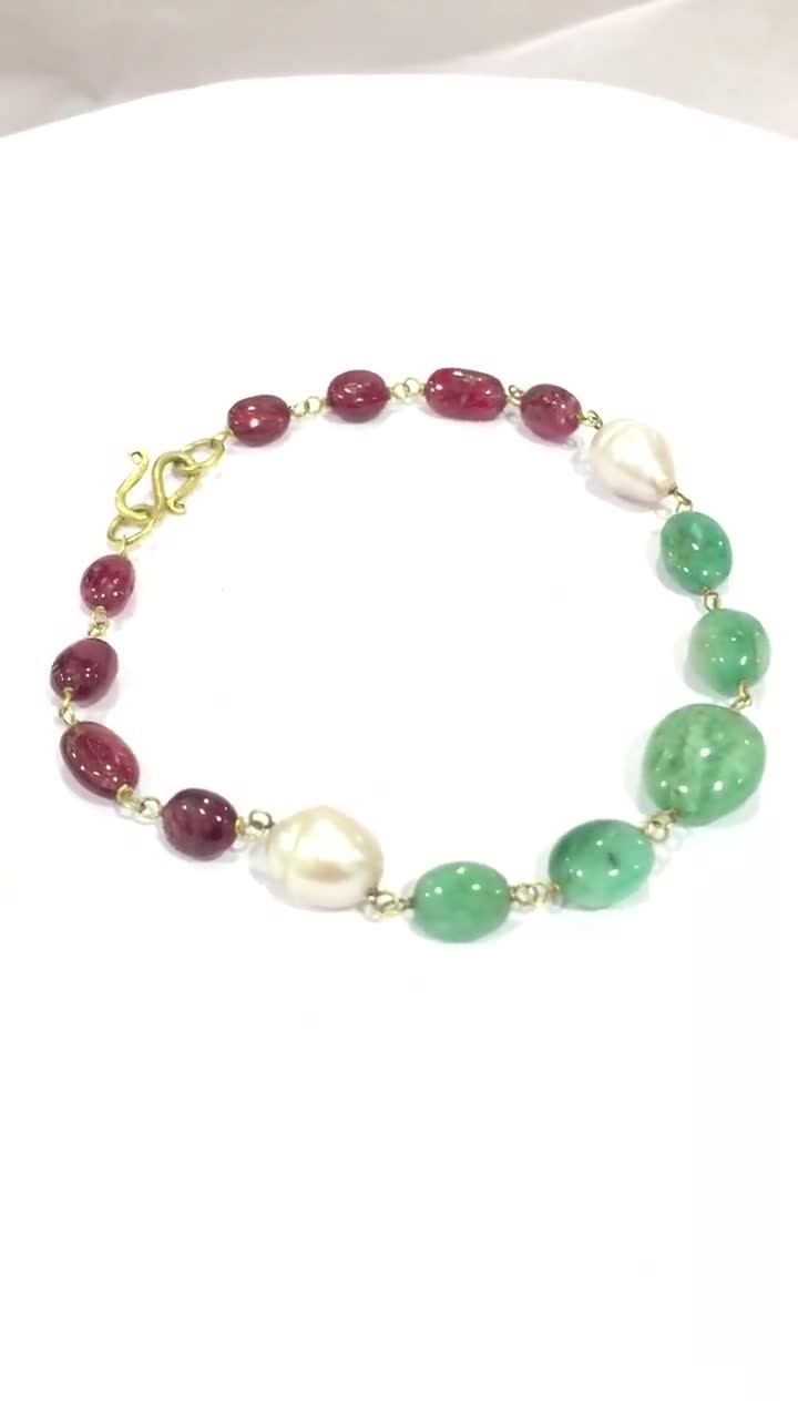 Natural Emerald Ruby Pearl Bracelet, Solid 18K Gold Bracelet, Multi Beads  Bracelet, Minimalist Bracelet, Gemstones Bracelet, Christmas Gift