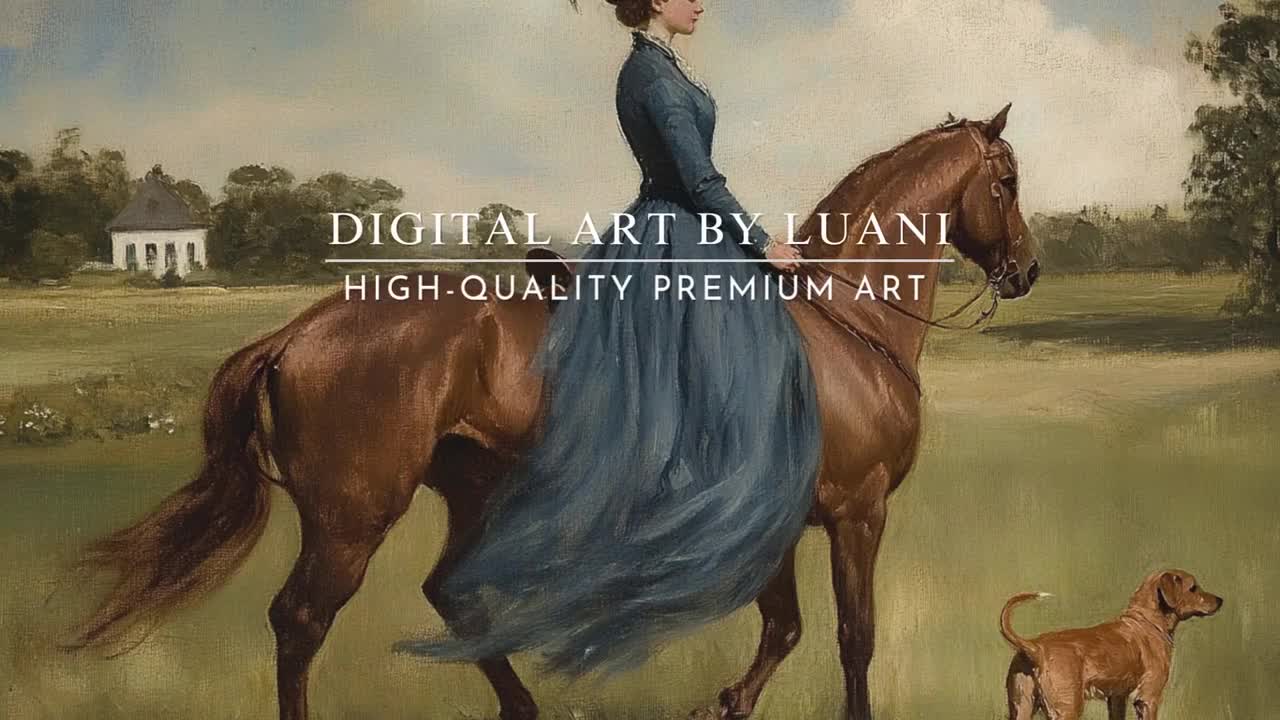 乗馬アートプリント：ヴィンテージの女性が馬に乗る風景（デジタル