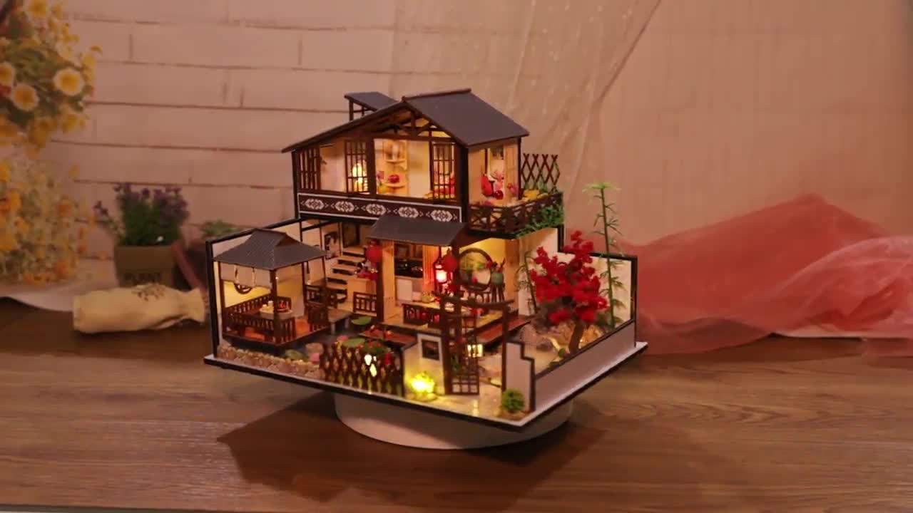 DIY Japanese Garden Style Wooden Miniature Doll House Kit 1:24 With Light  Adult Craft Gift Decor 