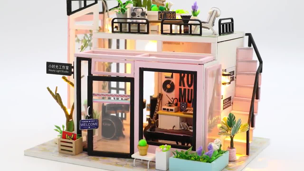 DIY Music Studio Miniature Doll House Kit 1:24 With Light 
