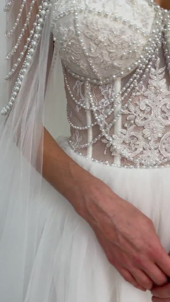 White beaded sheer floral lace corset with beads and crystals, embroidery  wedding corset dress with cape, bridal crystal gown