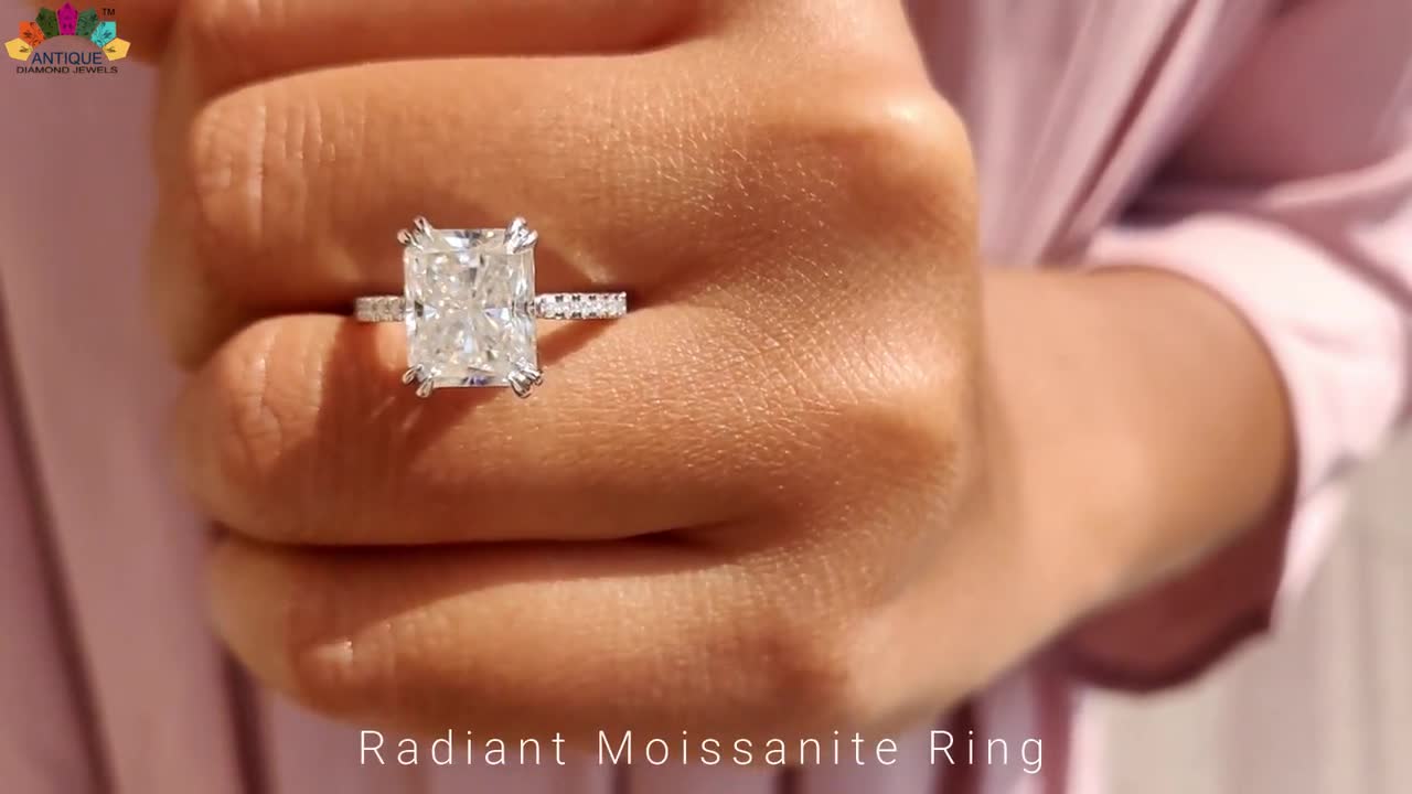 4 Carat Crushed Ice Radiant Cut Moissanite Engagement Ring Hidden