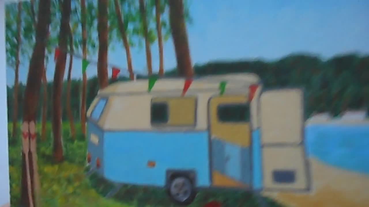 Pintura de una caravana con gouache artesanal sobre cartulina