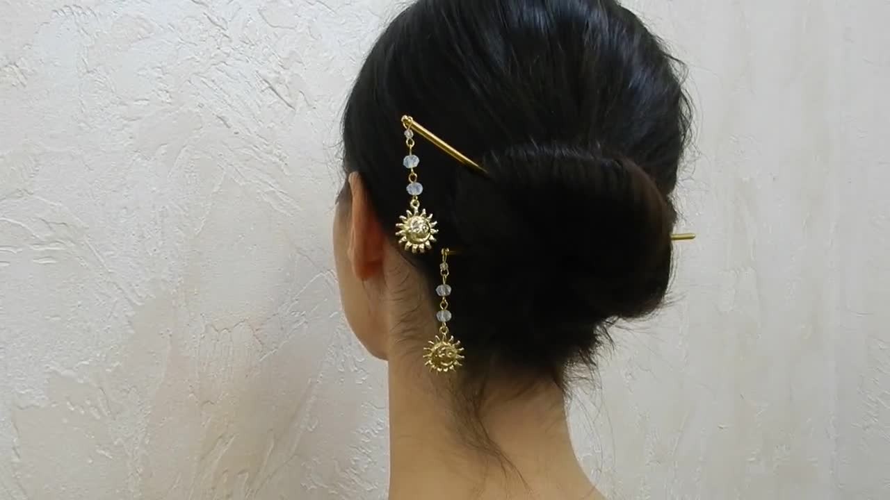 Hair stick moonstone crystal sun and moon golden single prong chinese hair  pin accessories for women